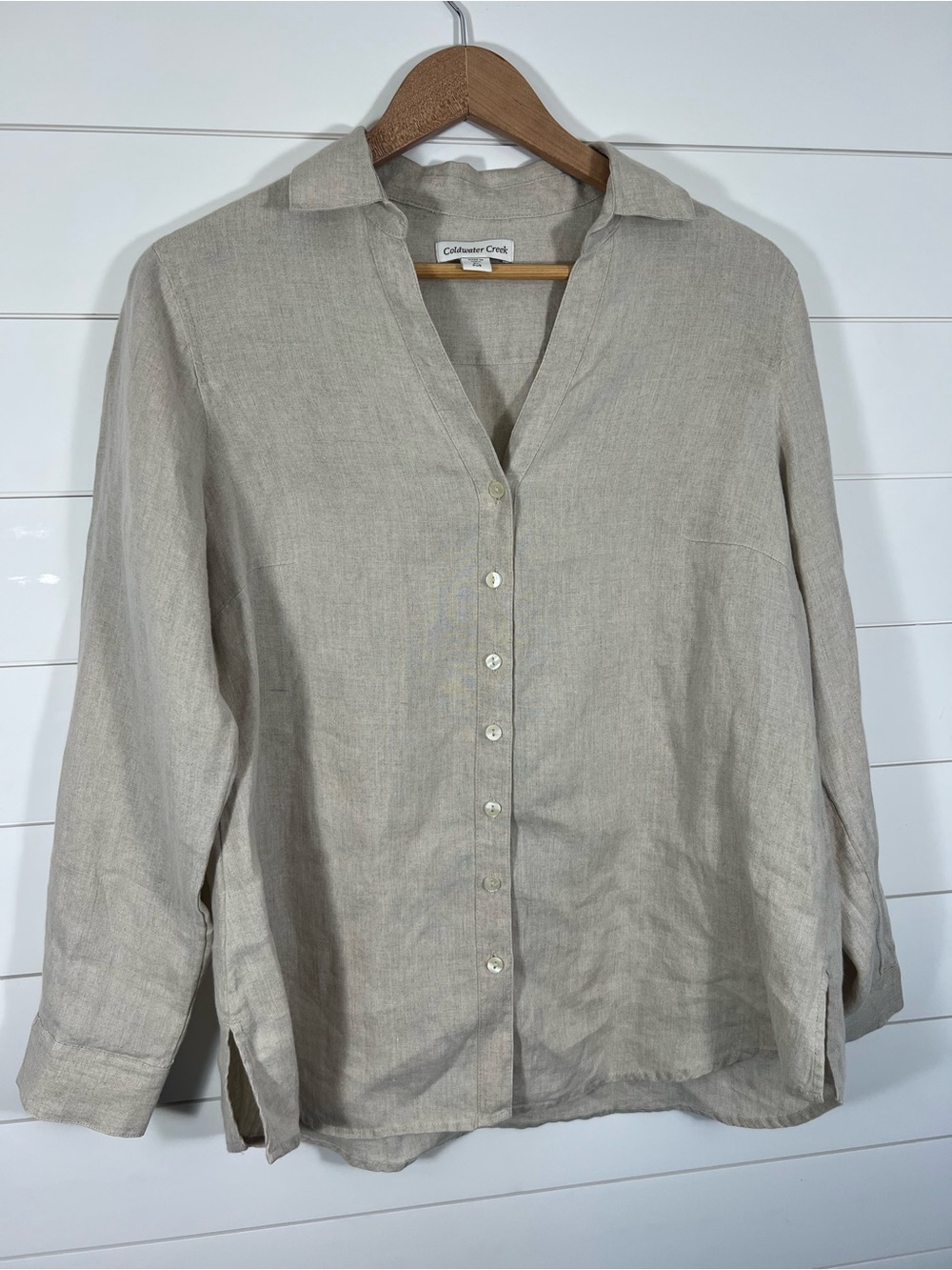 Coldwater Creek 100% Linen Button Up Shirt Womens Large Petite Beige India Made - Picture 8 of 13